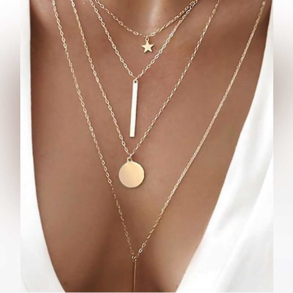 New 18K Gold Dipped Layered Necklace Star, Bars & Circle Boho Statement Necklace - Picture 2 of 2